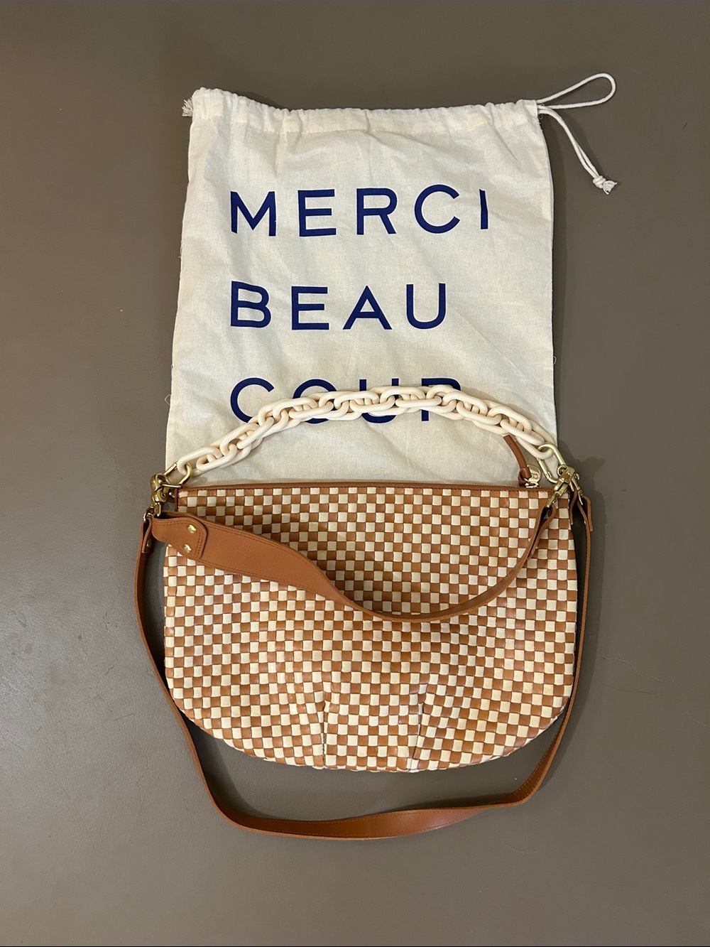 Clare V Moyen Messenger Cream Resin Shortie Strap Bag Checker Handbag Leather